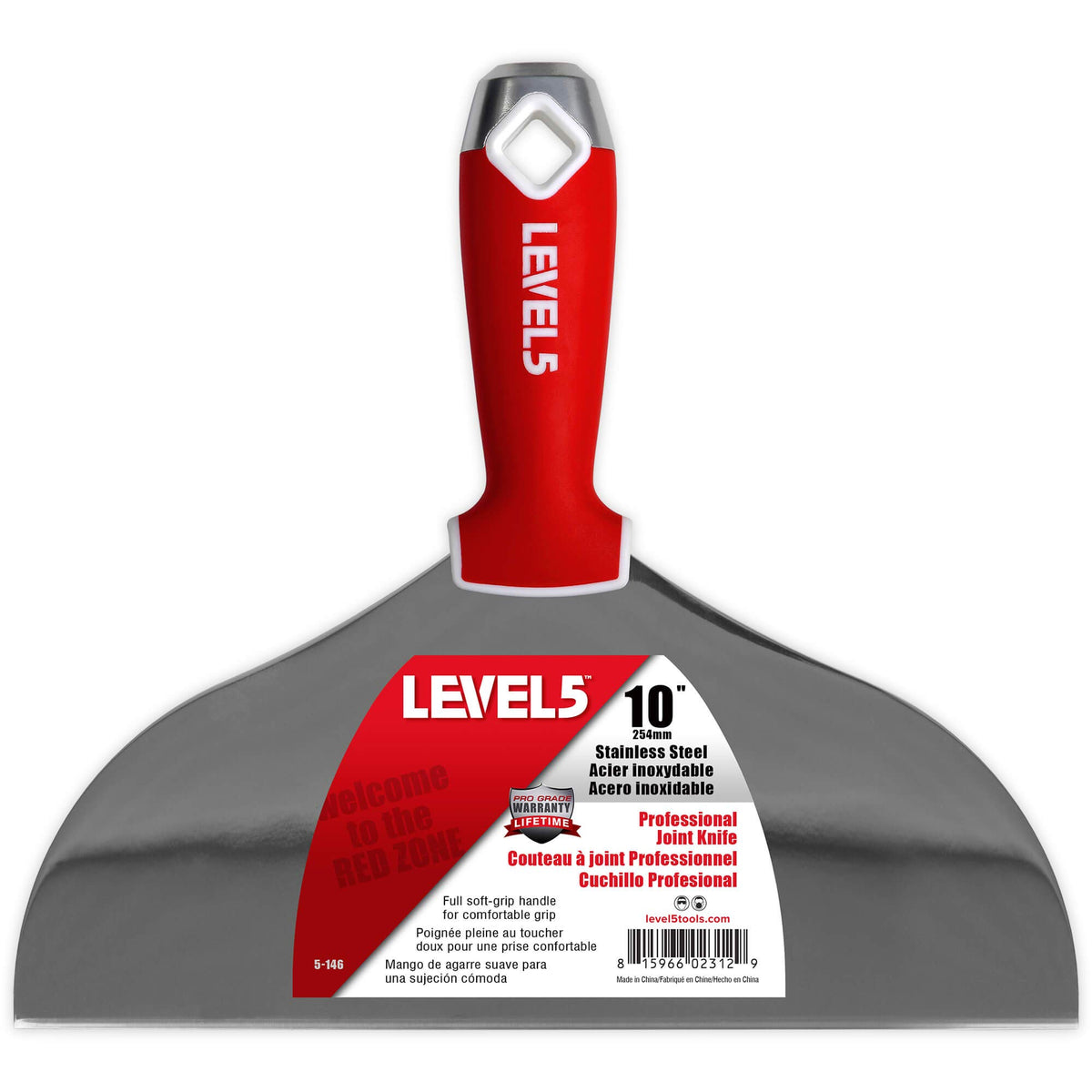 LEVEL5 10-inch soft-grip drywall knife with hammer end for smooth mud finishing