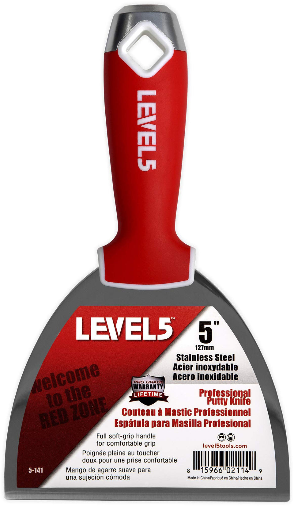 LEVEL5 5-inch soft-grip drywall knife front view for smooth joint finishing