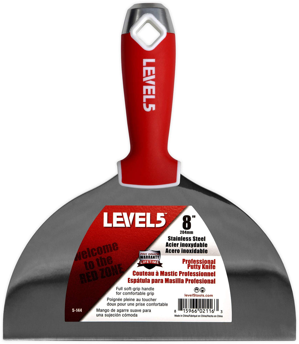 LEVEL5 8-inch stainless blade drywall knife close-up for smooth finishes.