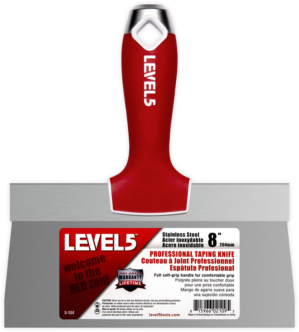 LEVEL5 8-inch soft-grip taping knife with stainless blade for precise finishes.