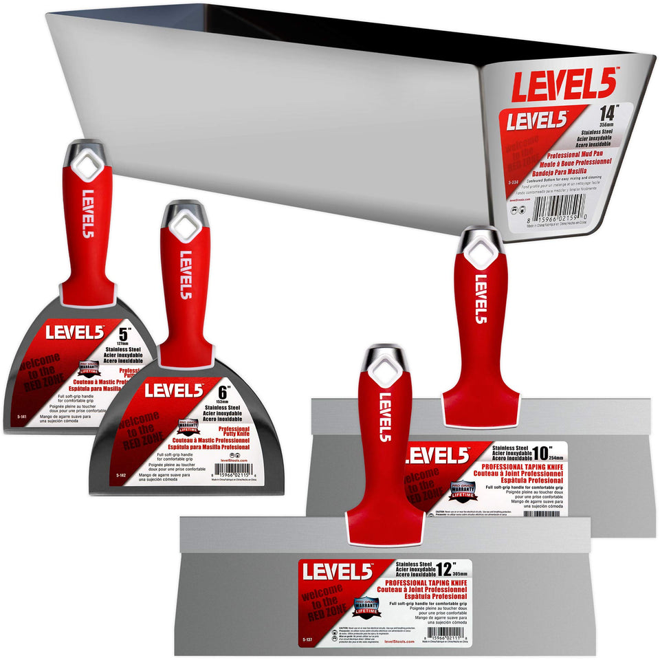 LEVEL5 drywall finishing hand tool kit with 5–6 inch knives for smooth, efficient application.