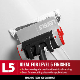 LEVEL5 mud smoothing with a controlled edge and minimal lap lines.