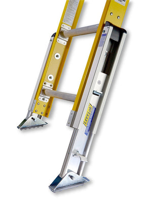 Levelok permanent ladder levelers on two legs stabilize uneven surfaces.