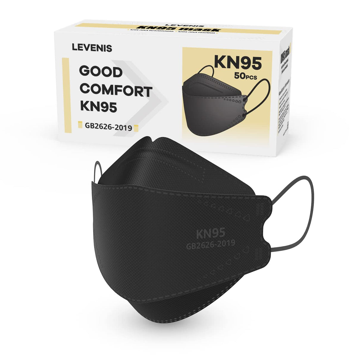 LEVENIS KN95 mask 50-pack in a black box for easy storage and protection.