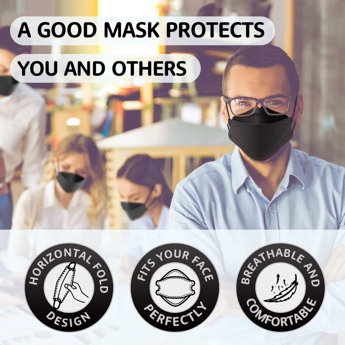 LEVENIS KN95 mask ergonomic 3D design for a snug, glasses-friendly fit.