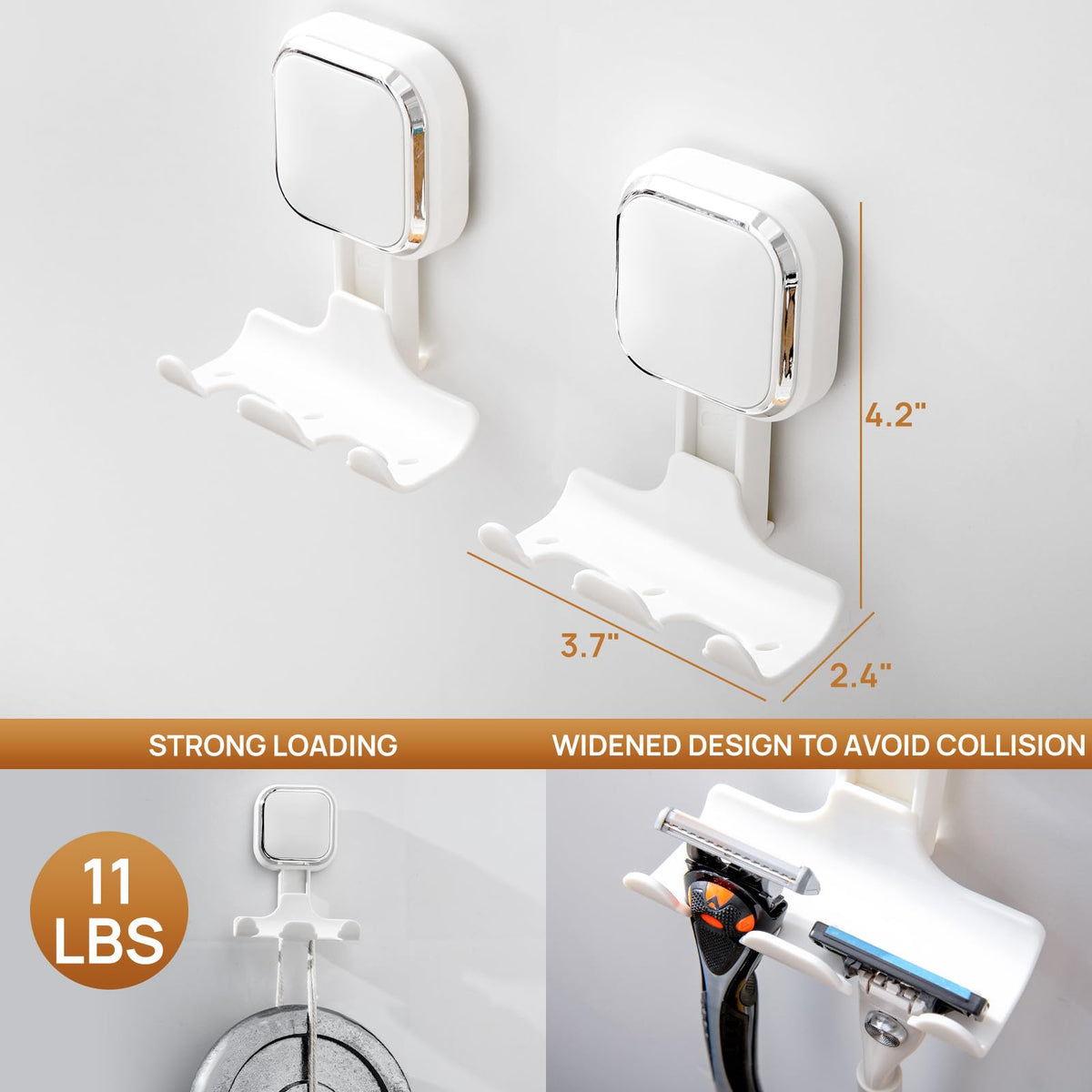 Ergonomic curved razor hanger fits most razors for stable hanging.