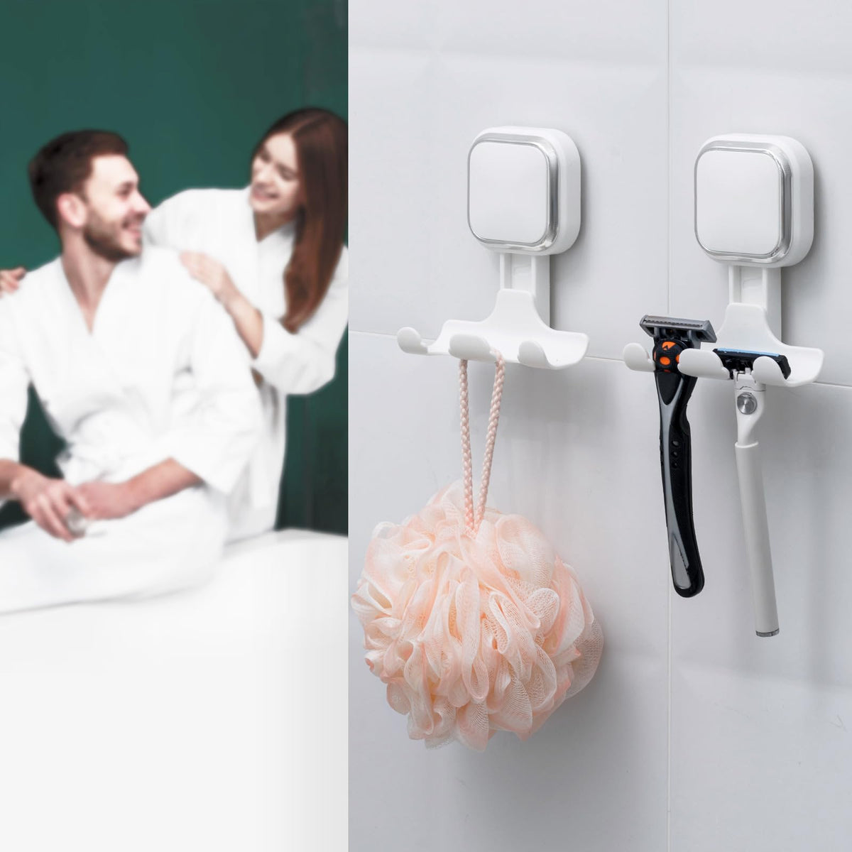 Multifunctional suction hooks hold towels, hats, robes and more.