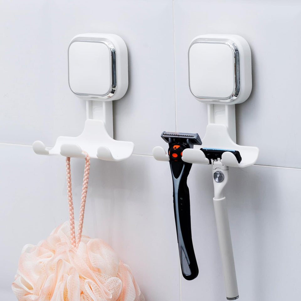 LEVERLOC vacuum suction cup razor holder keeps razors secure on smooth surfaces.