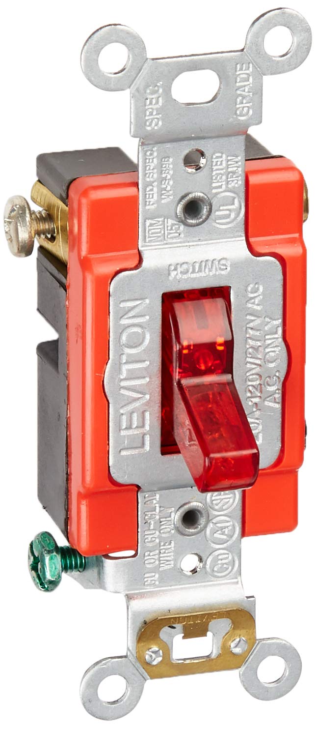 Leviton 1221-PLR toggle pilot-light switch for rugged control panels with easy status checks.
