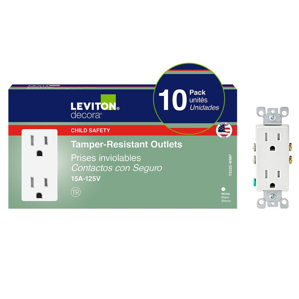 Leviton 15-amp Decora outlet front view with tamper-resistant design for safer homes.