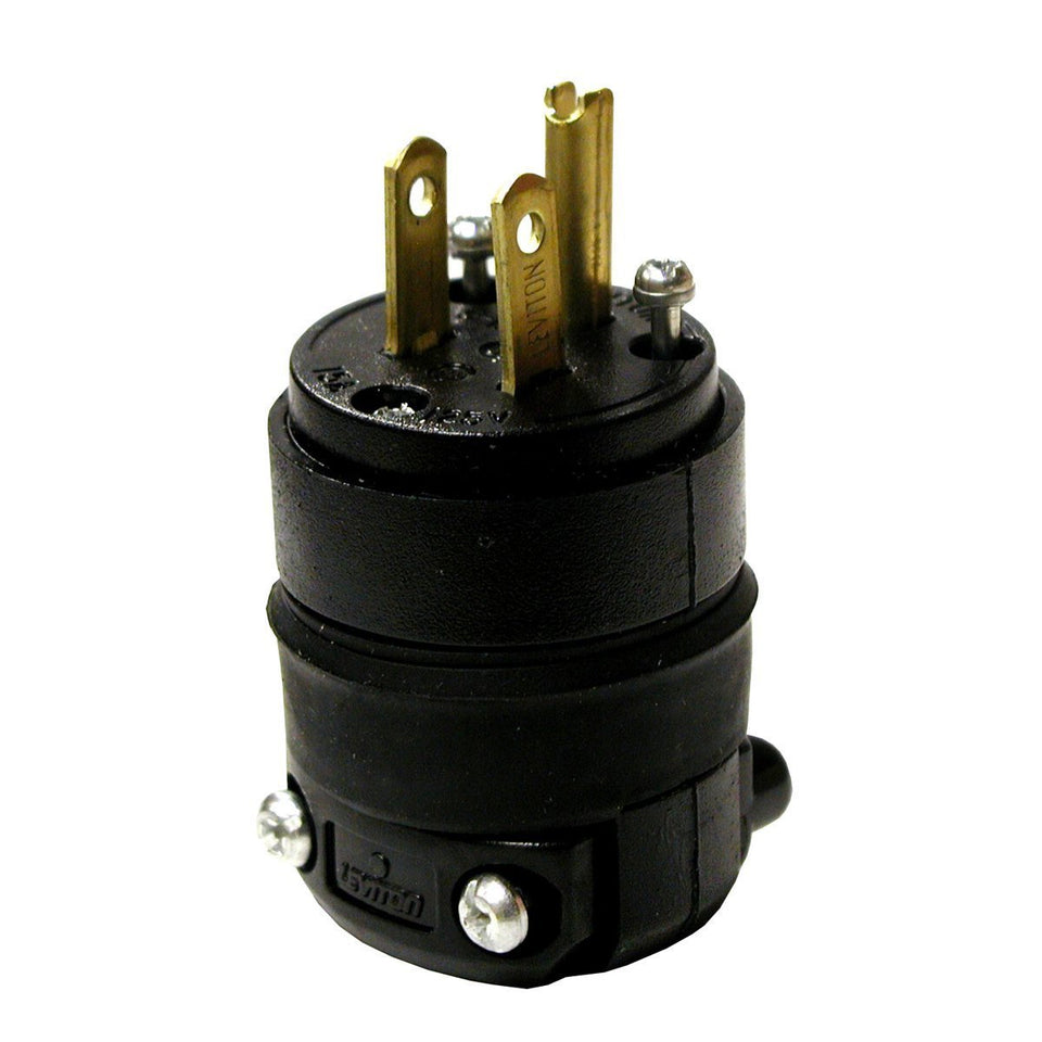 Leviton 515PR rubber plug, grounded 125V, for indoor/outdoor use, durable and moisture resistant.