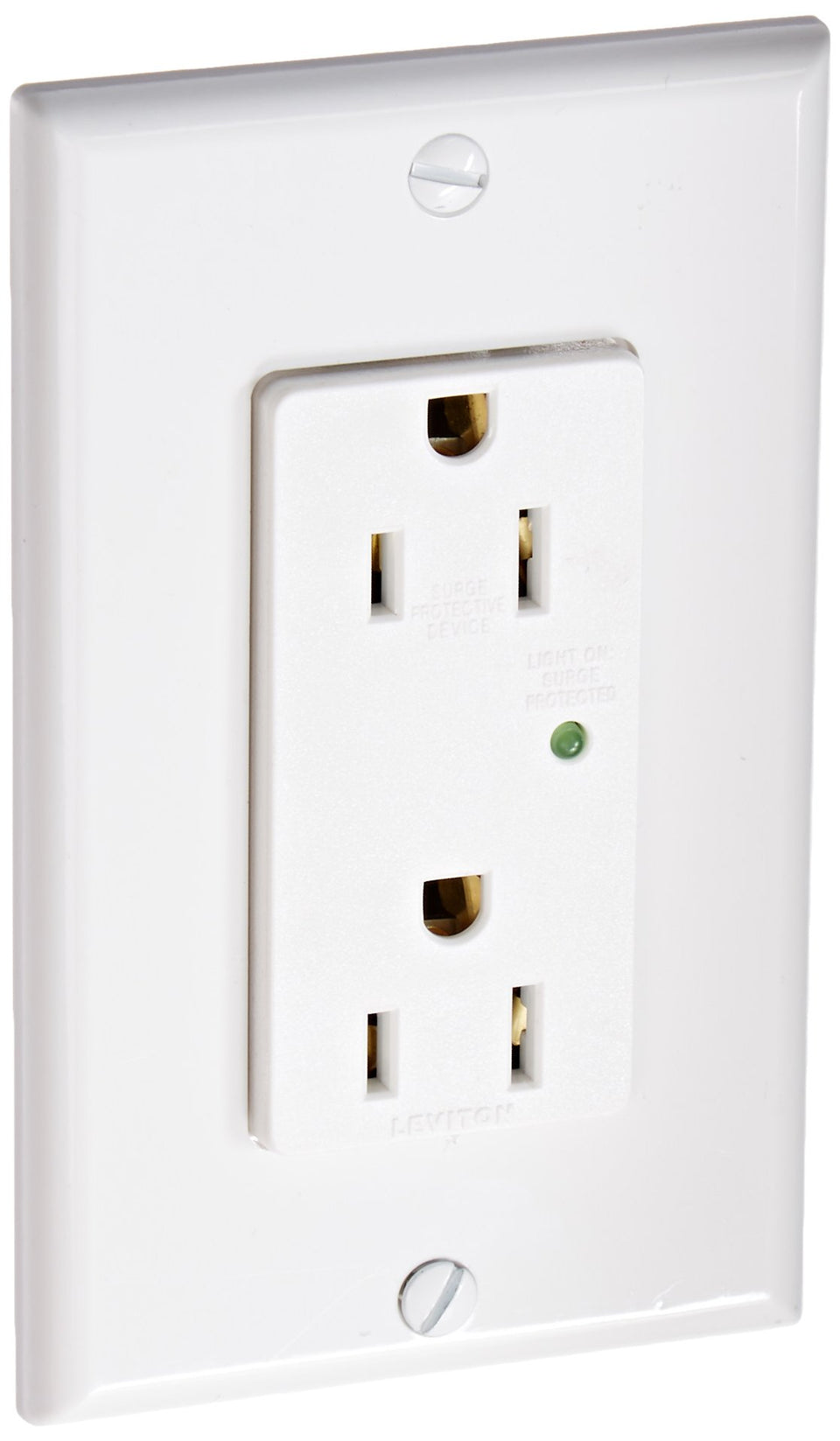 Leviton 5280 with LED indicator confirms surge protection at a glance.