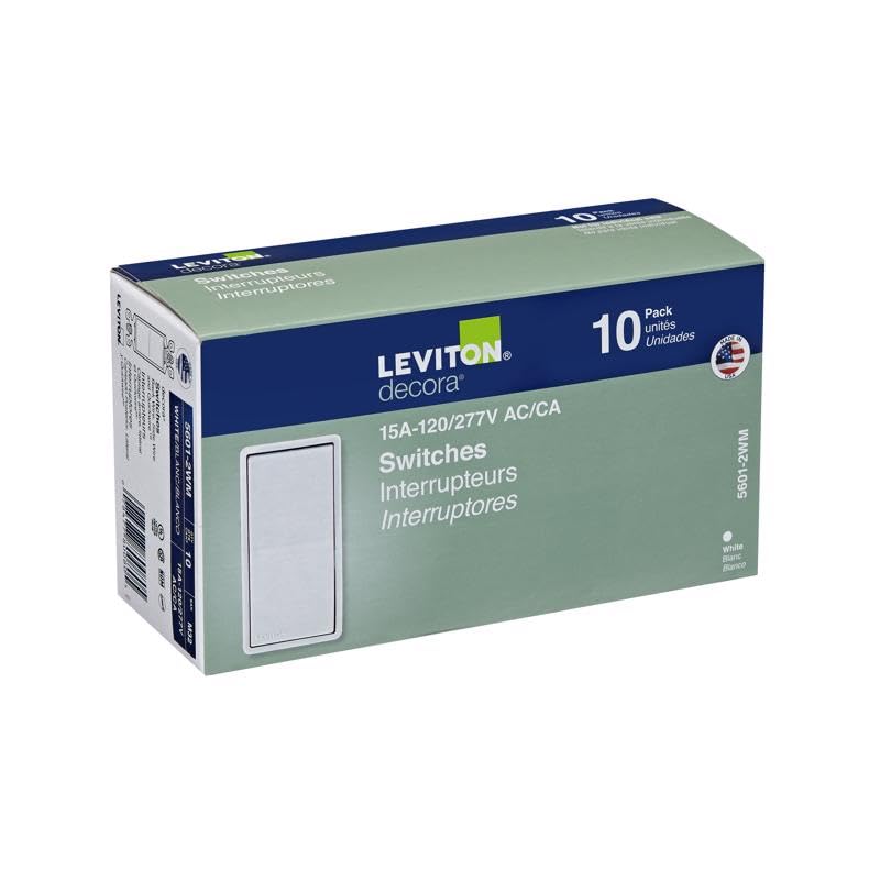 Leviton 5601-2WM Decora rocker switch, white, front view, reliable quiet operation.