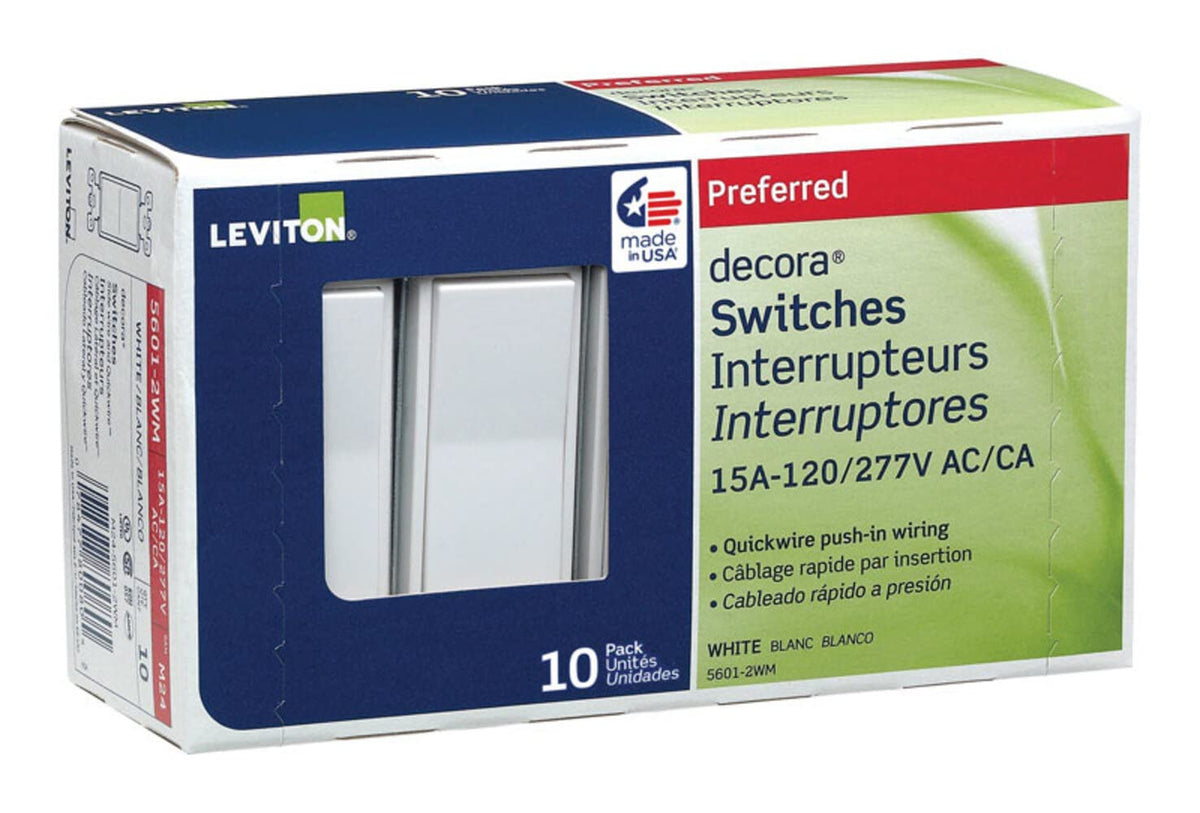 Leviton 5601-2WM terminal area supports up to No. 12 AWG screws for sturdy wiring.