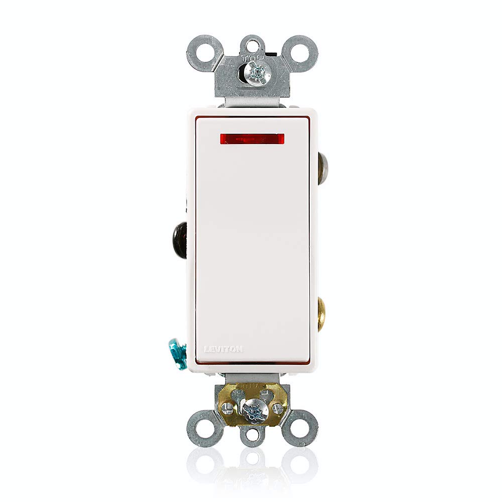 Leviton 5628-2W Decora Plus pilot light switch with illuminated On indicator for clear status in commercial spaces.