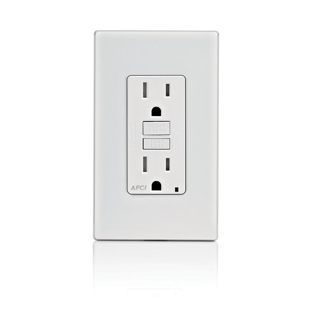 Leviton AFCI outlet front view with LED indicator for arc-fault protection.
