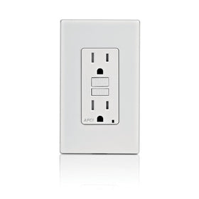 Leviton AFCI outlet front view with LED indicator for arc-fault protection.