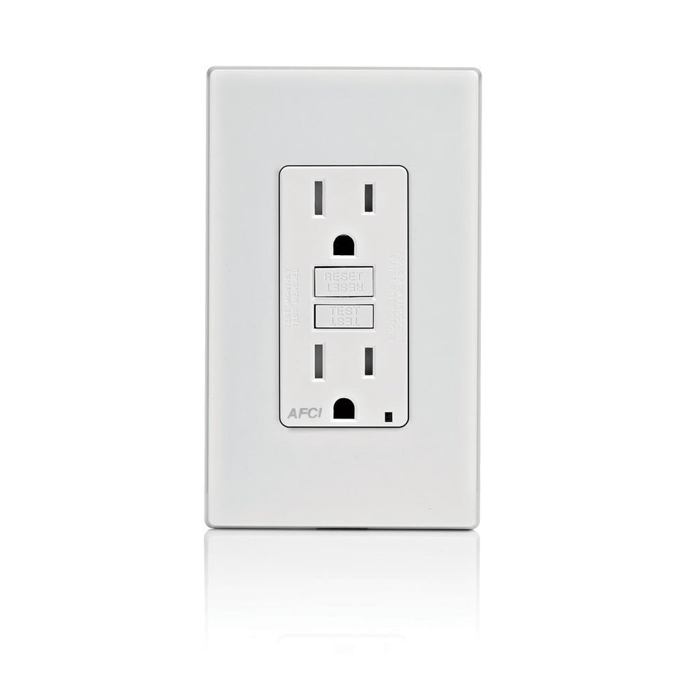 Leviton AFCI outlet front view with LED indicator for arc-fault protection.