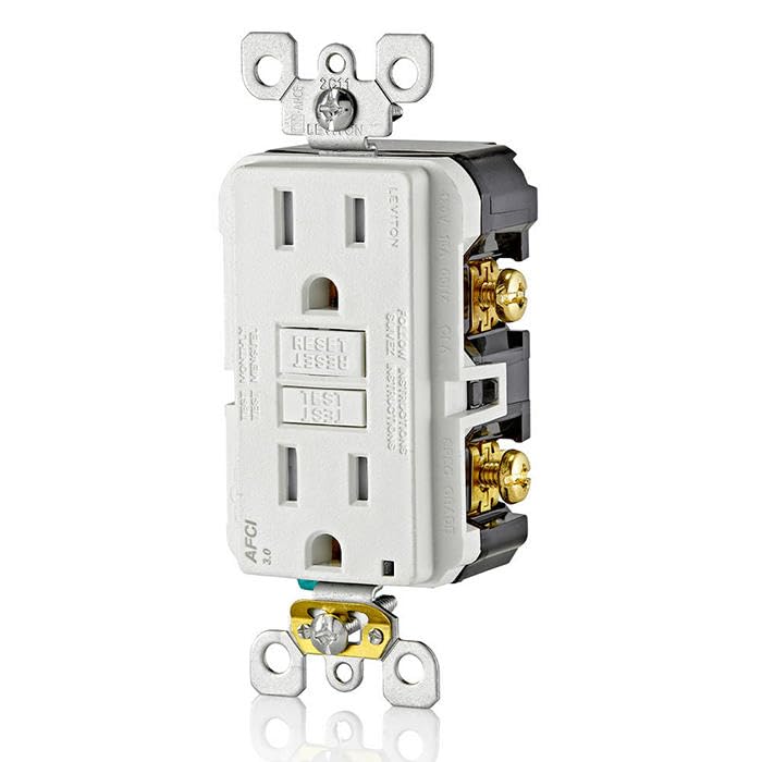 Leviton AFCI outlet tamper-resistant shutter reduces shock risk during use.