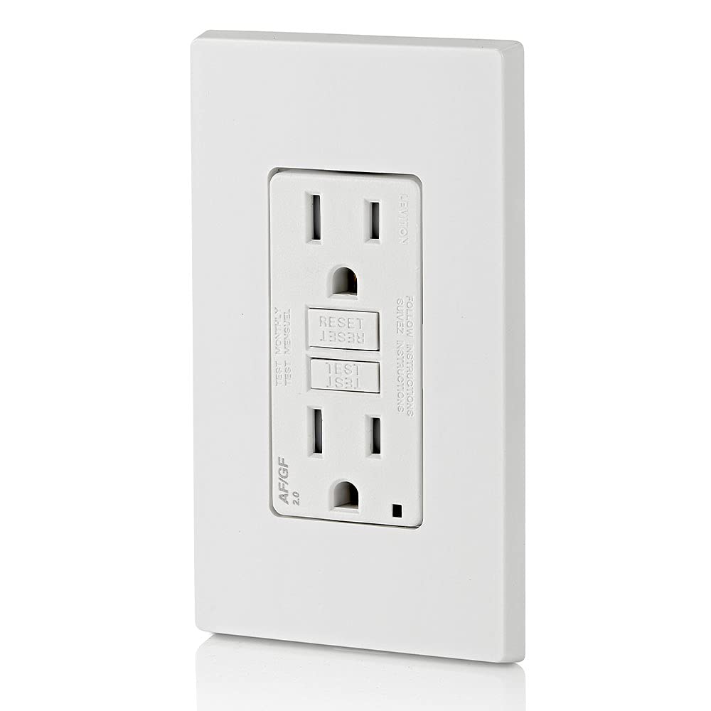 Leviton AGTR1-W dual-function AFCI/GFCI outlet with LED indicator light for enhanced safety.