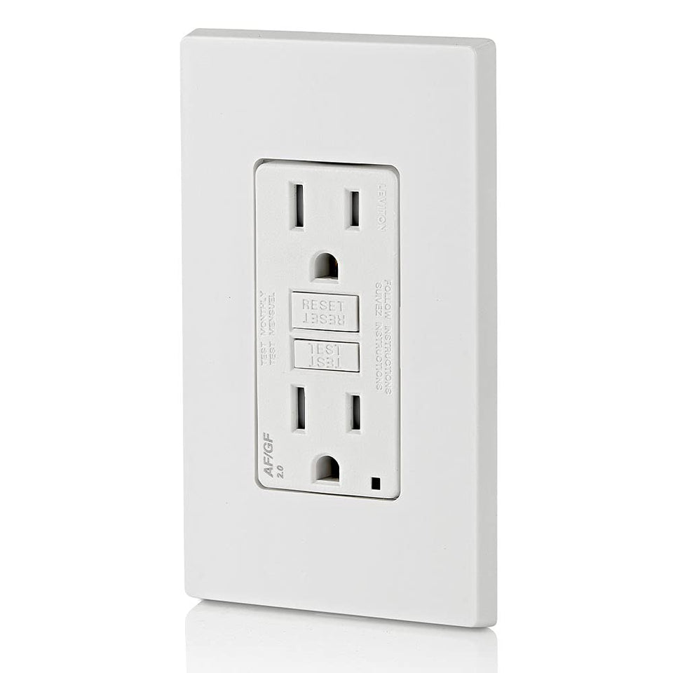 Leviton AGTR1-W dual-function AFCI/GFCI outlet with LED indicator light for enhanced safety.