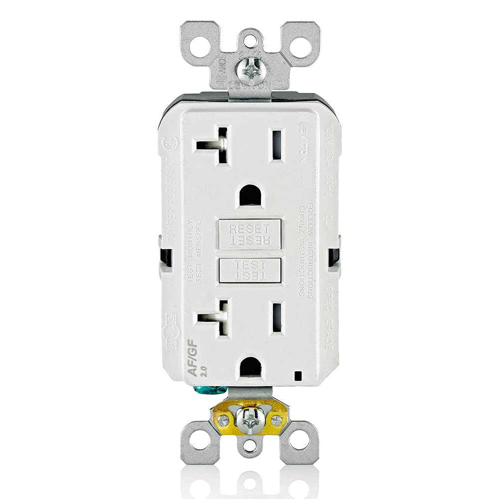 Leviton AGTR2-W front view shows dual-function AFCI/GFCI outlet with status LED.