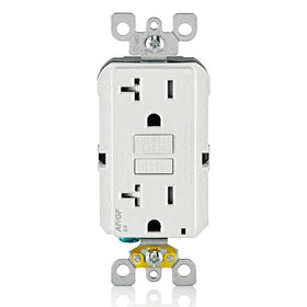 Leviton AGTR2-W front view shows dual-function AFCI/GFCI outlet with status LED.