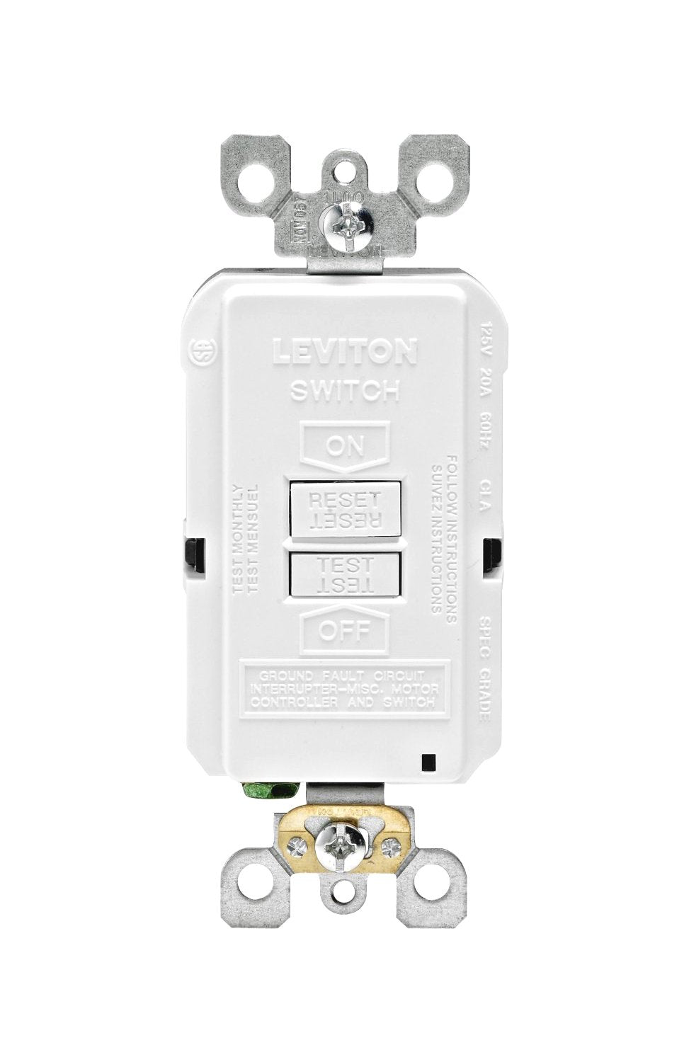 Leviton blank face GFCI front view with LED indicator for quick status