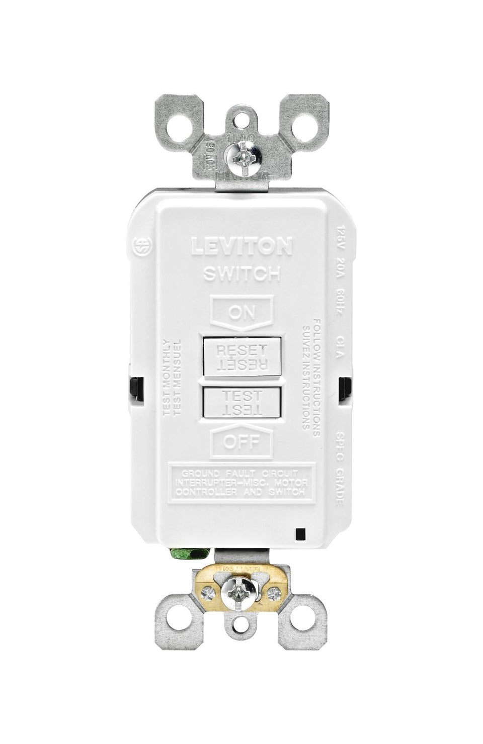 Leviton blank face GFCI front view with LED indicator for quick status