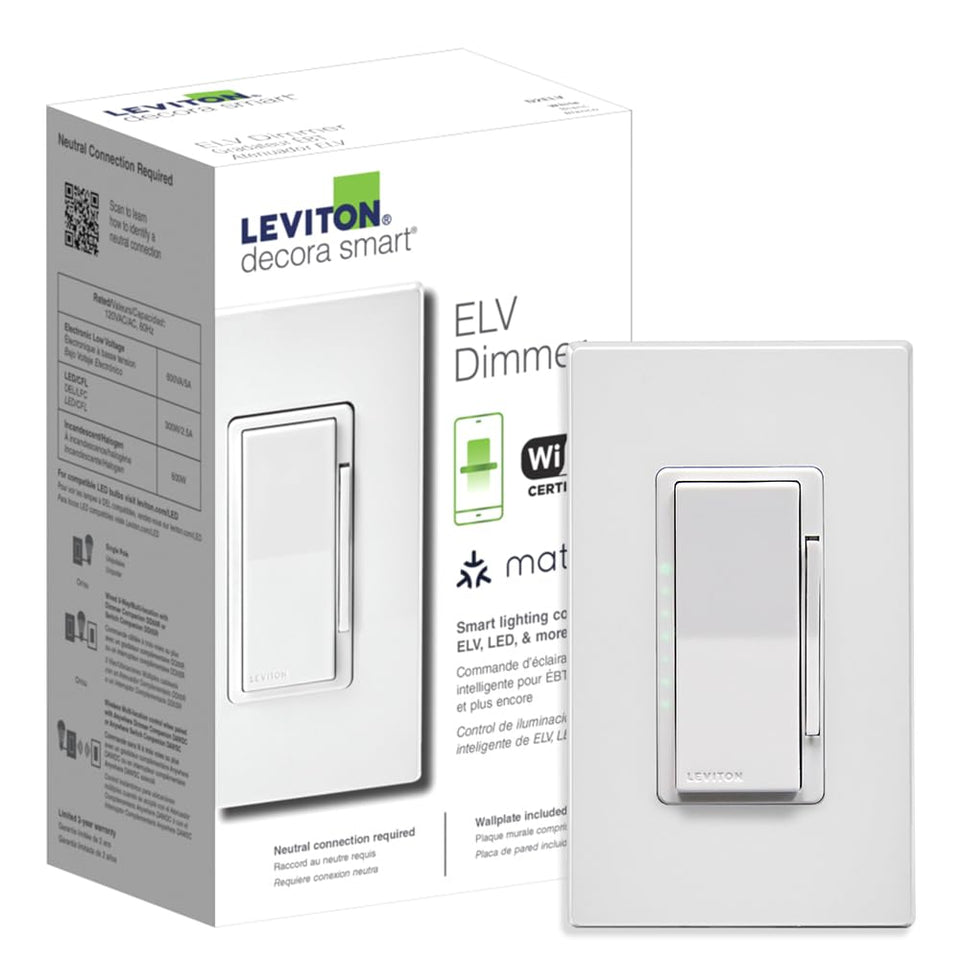 Leviton D2ELV-1BW dimmer front view for precise ELV lighting control.