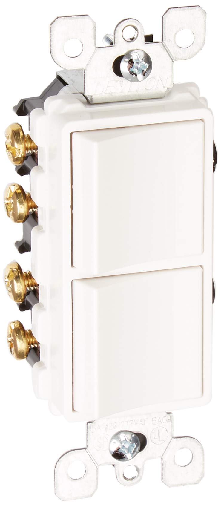 Leviton Decora 5643-W front view shows a white 3-way AC combination switch for versatile control
