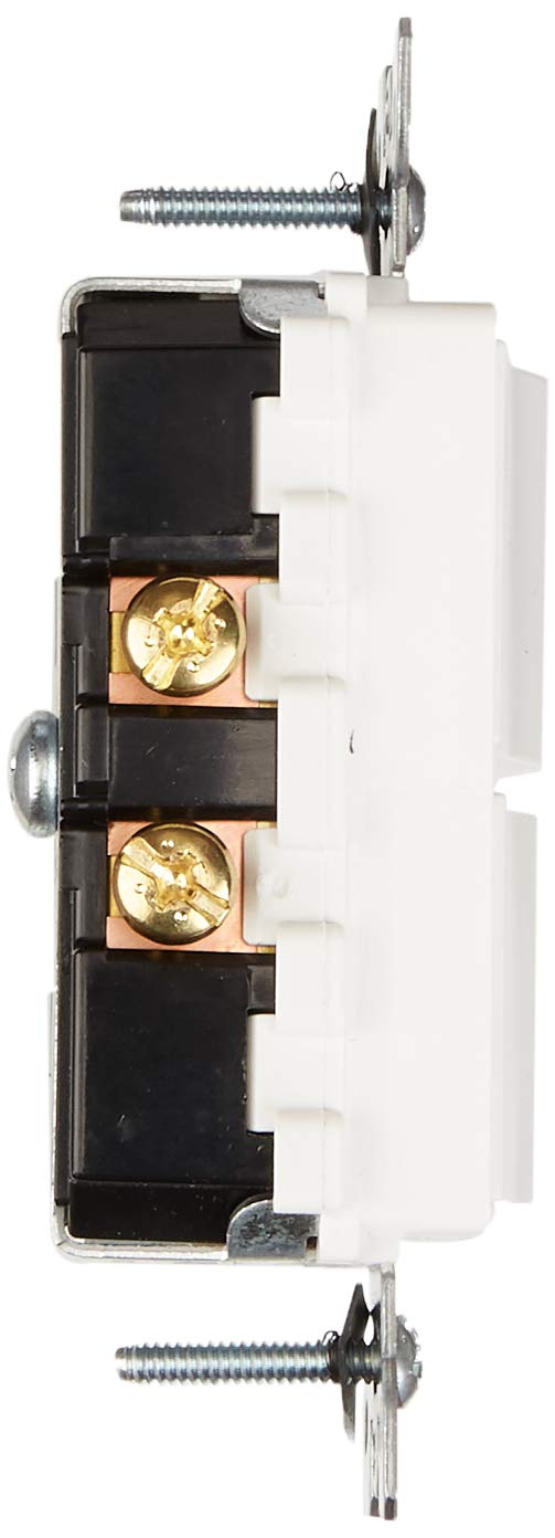 Leviton Decora switch rear with rating labels for easy specification checks.