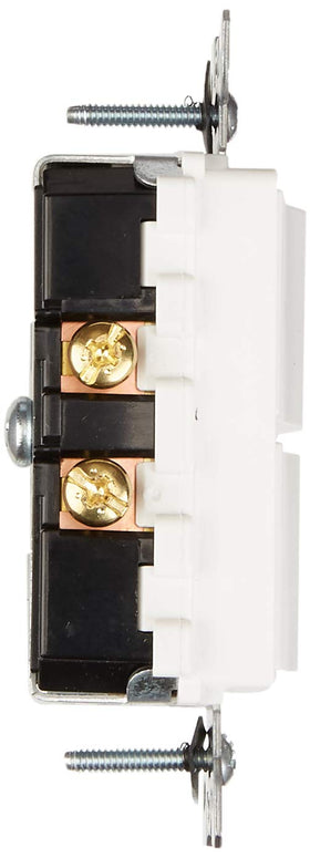 Leviton Decora switch rear with rating labels for easy specification checks.