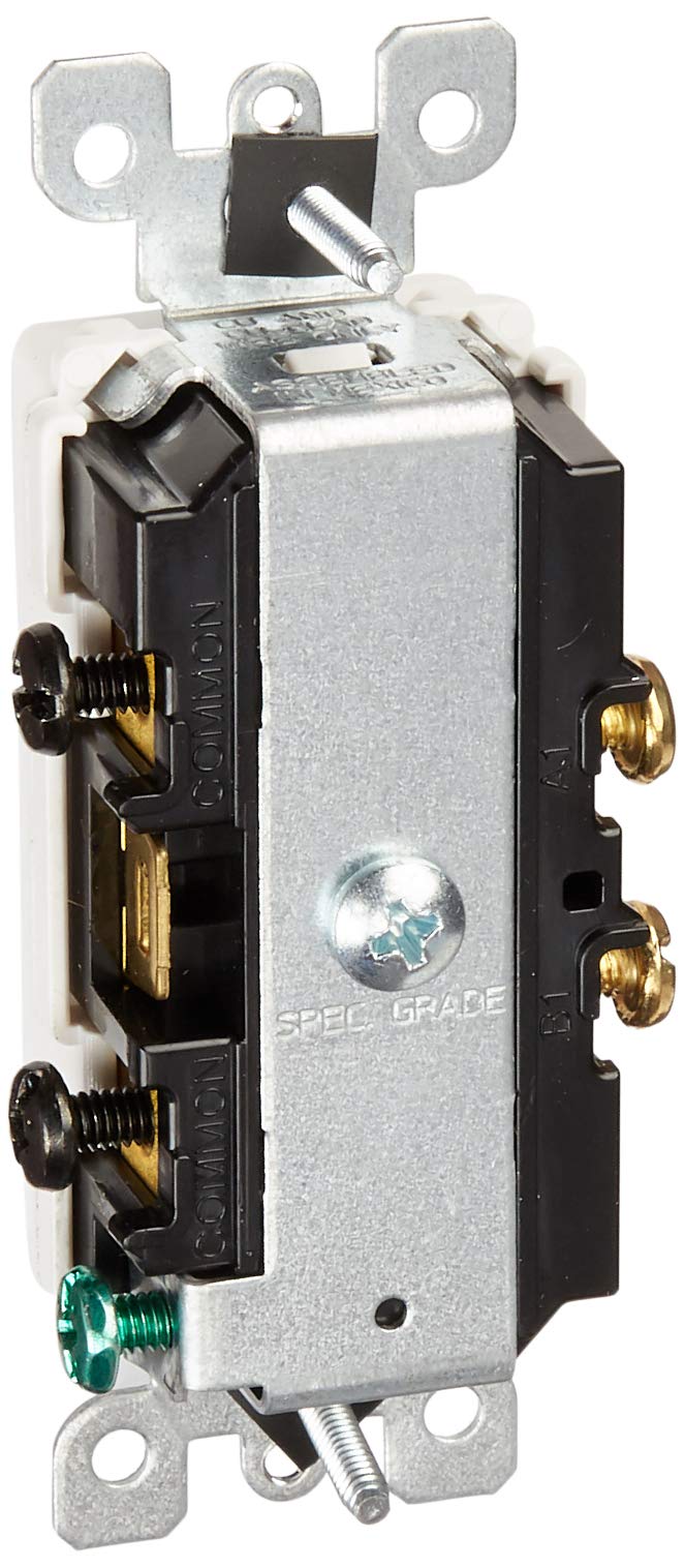 Leviton Decora combo switch side wiring view highlights accessible terminals for installation.