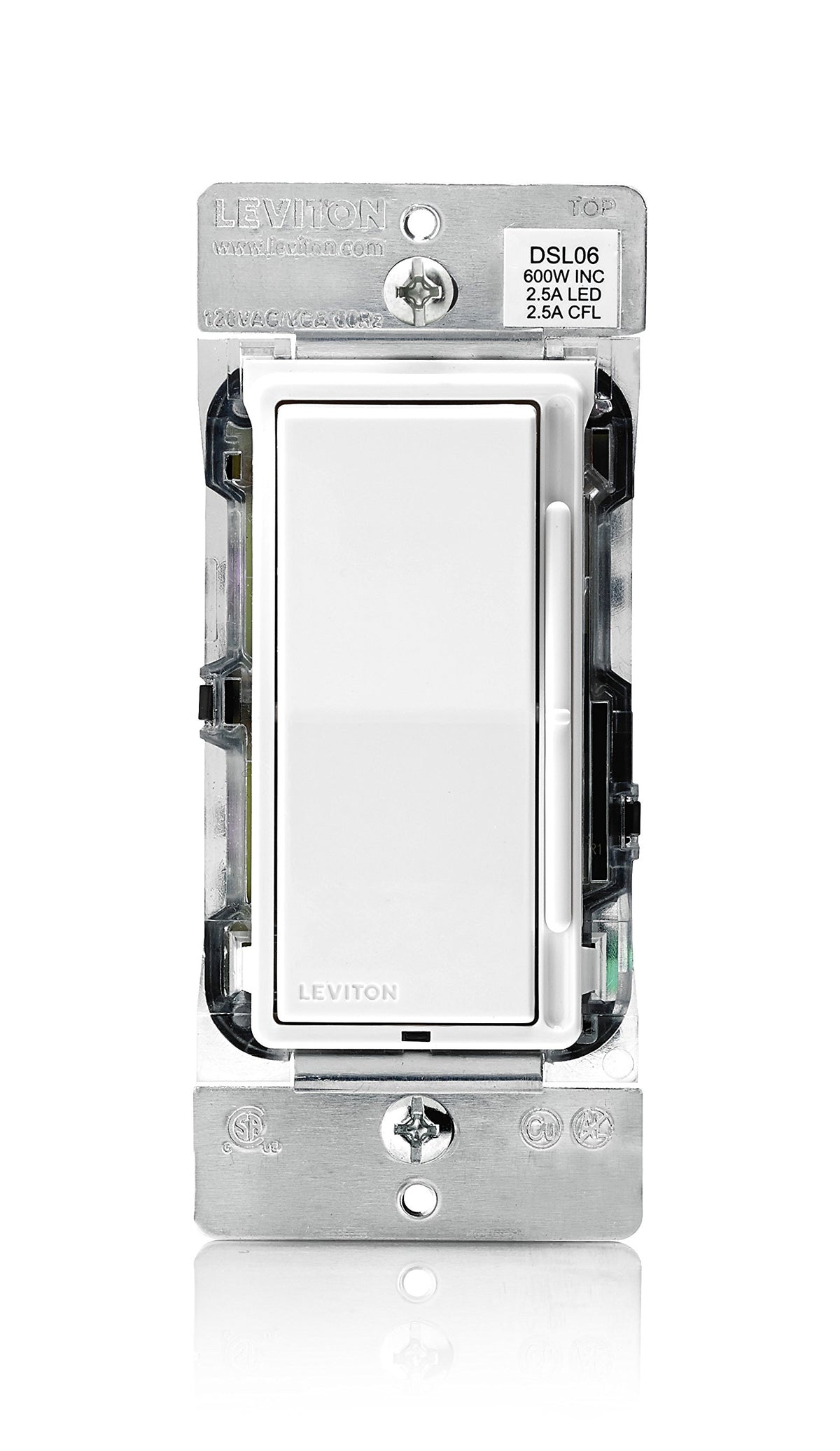 Leviton Decora slide dimmer with white faceplate for adjustable LED and incandescent lighting
