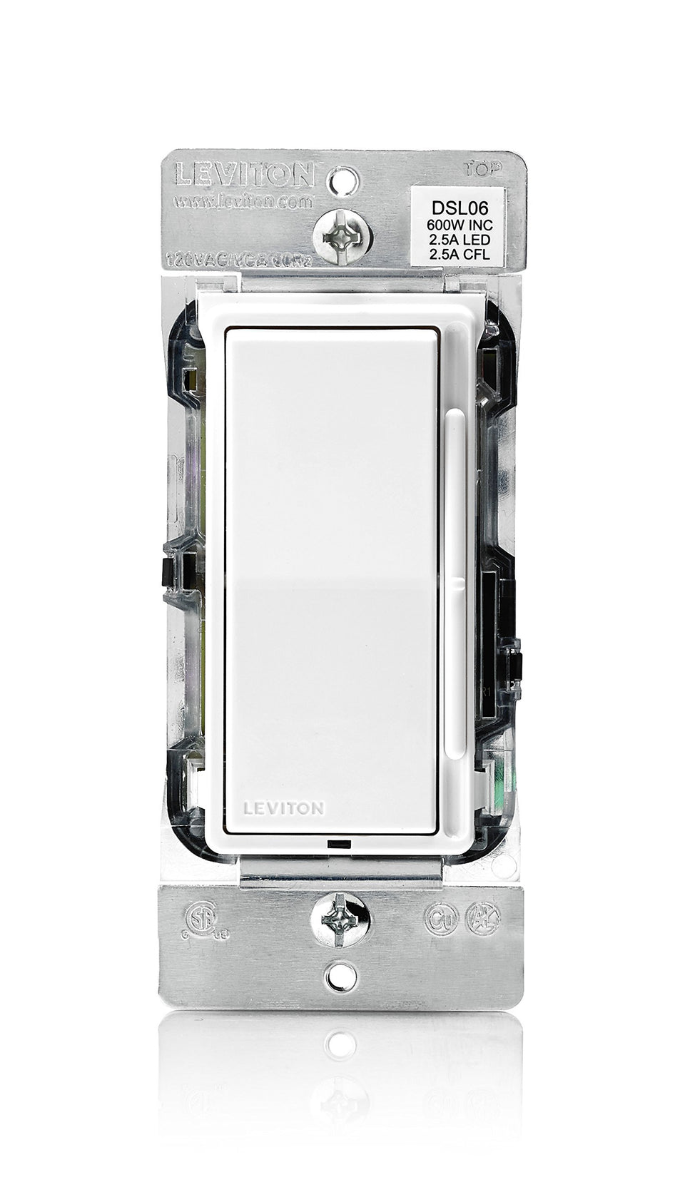 Leviton Decora slide dimmer with white faceplate for adjustable LED and incandescent lighting