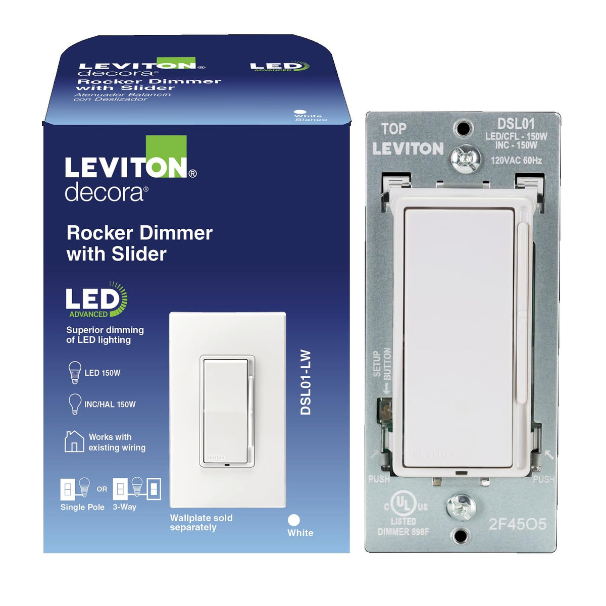 Leviton Decora Slide Dimmer front view showing sleek, low-profile design for modern rooms