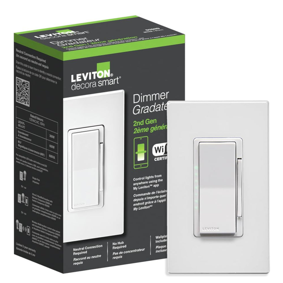 Leviton Decora Smart Dimmer wall switch enables wireless lighting control in a room.