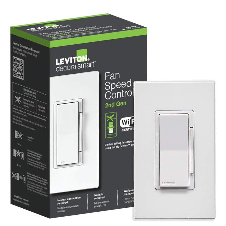 Leviton Decora Smart Fan Speed Controller front view shows four-speed control for ceiling fans