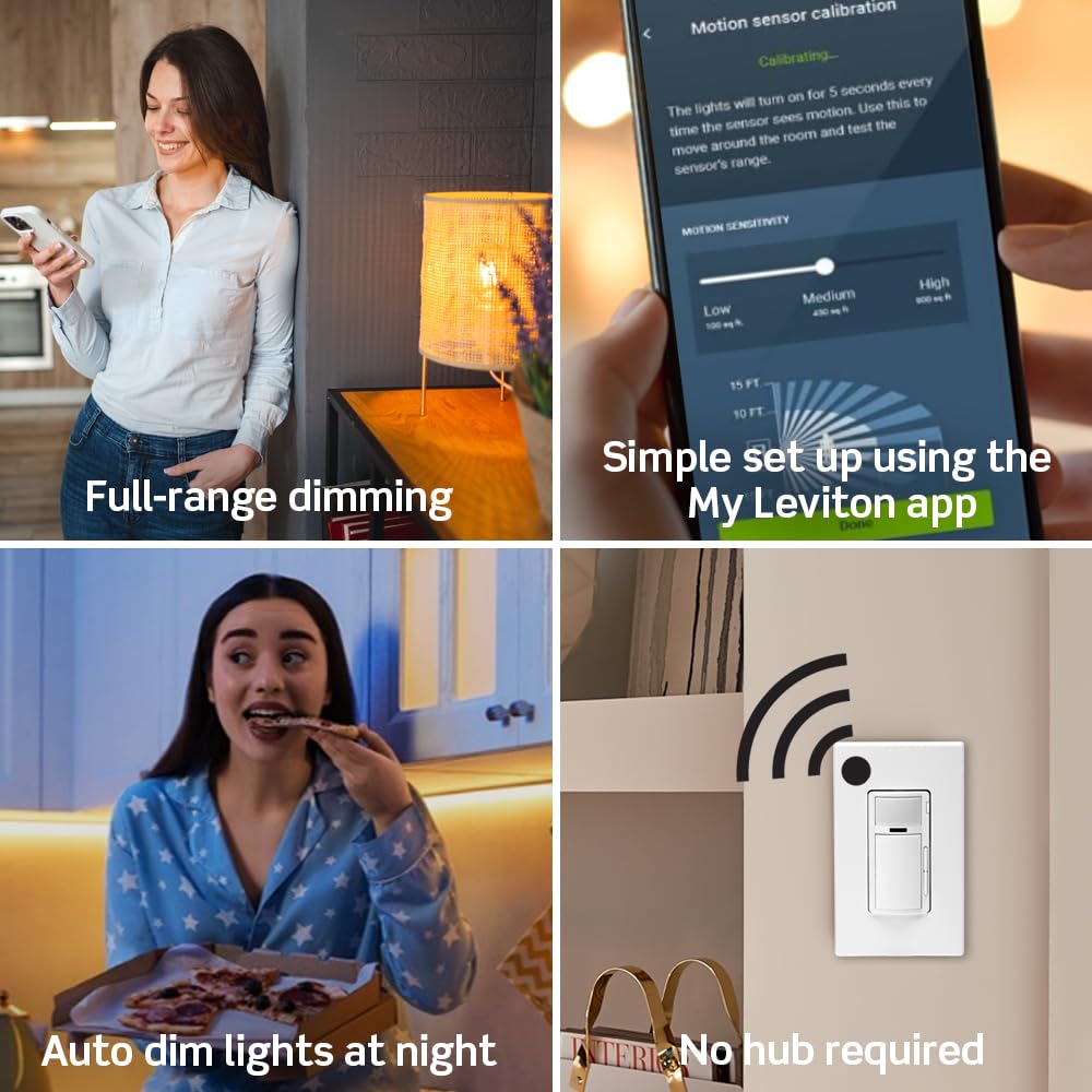 Leviton sensor dimmer with ambient light detection for comfortable brightness.