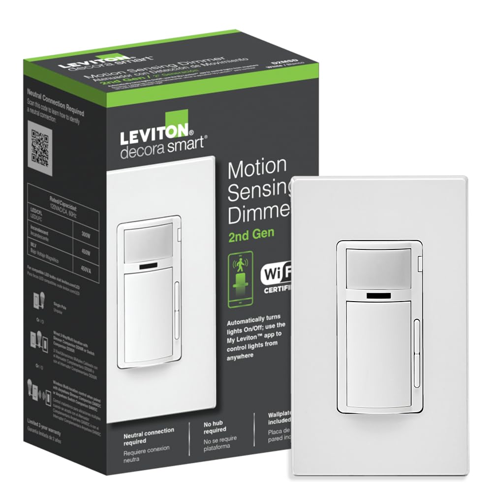 Leviton Decora Smart motion dimmer in-wall unit enabling touch-free control.