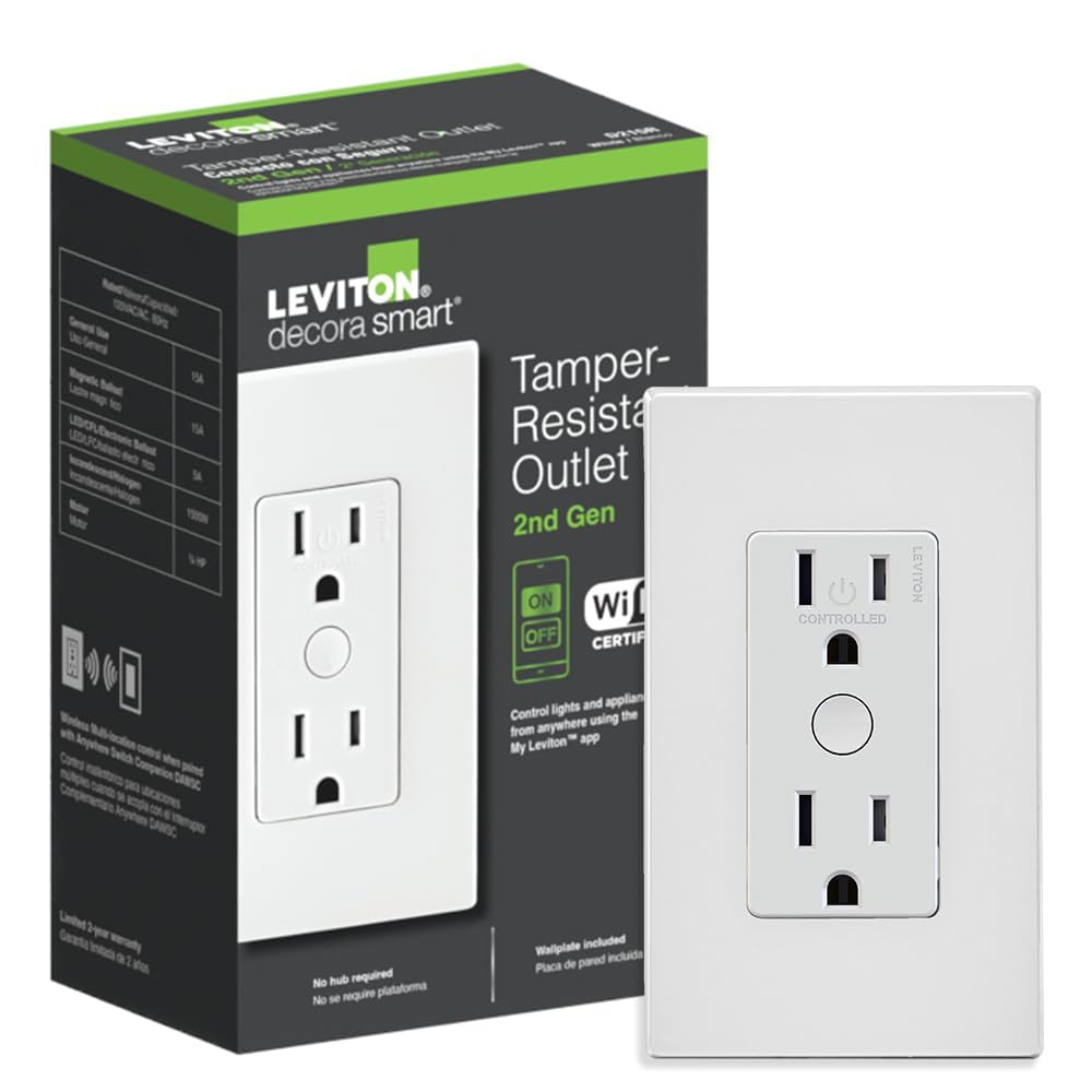 Leviton Decora Smart Outlet with button control allows manual power on/off for lamps and devices.