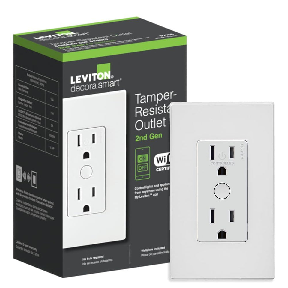 Leviton Decora Smart Outlet with button control allows manual power on/off for lamps and devices.