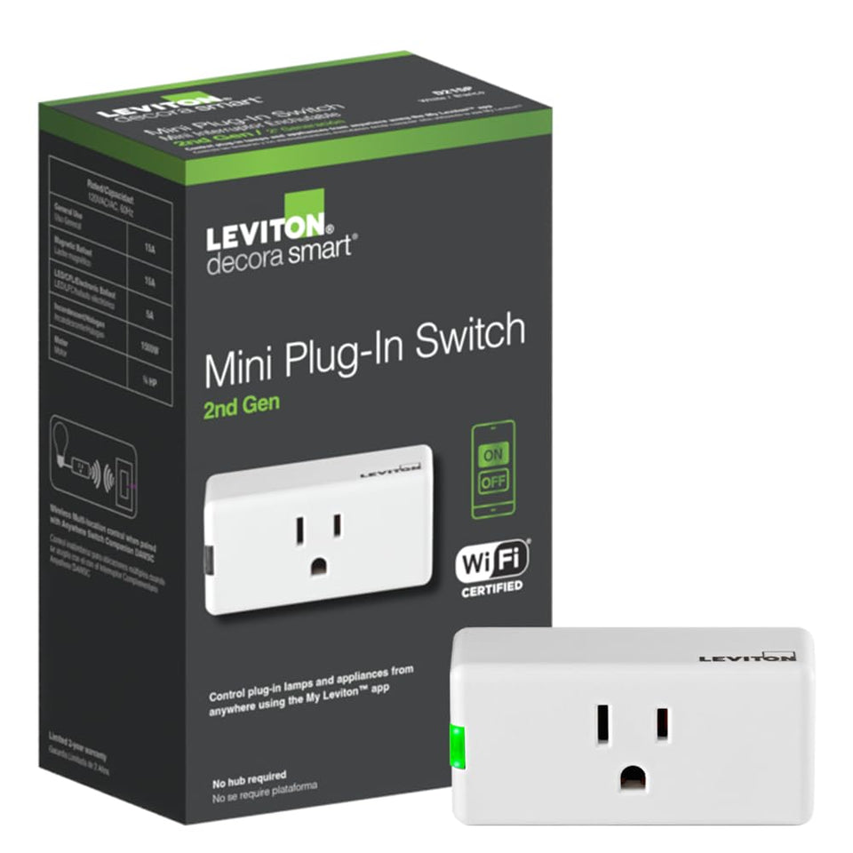 Leviton Decora Smart Plug 2nd Gen closeup for compact plug-in control.
