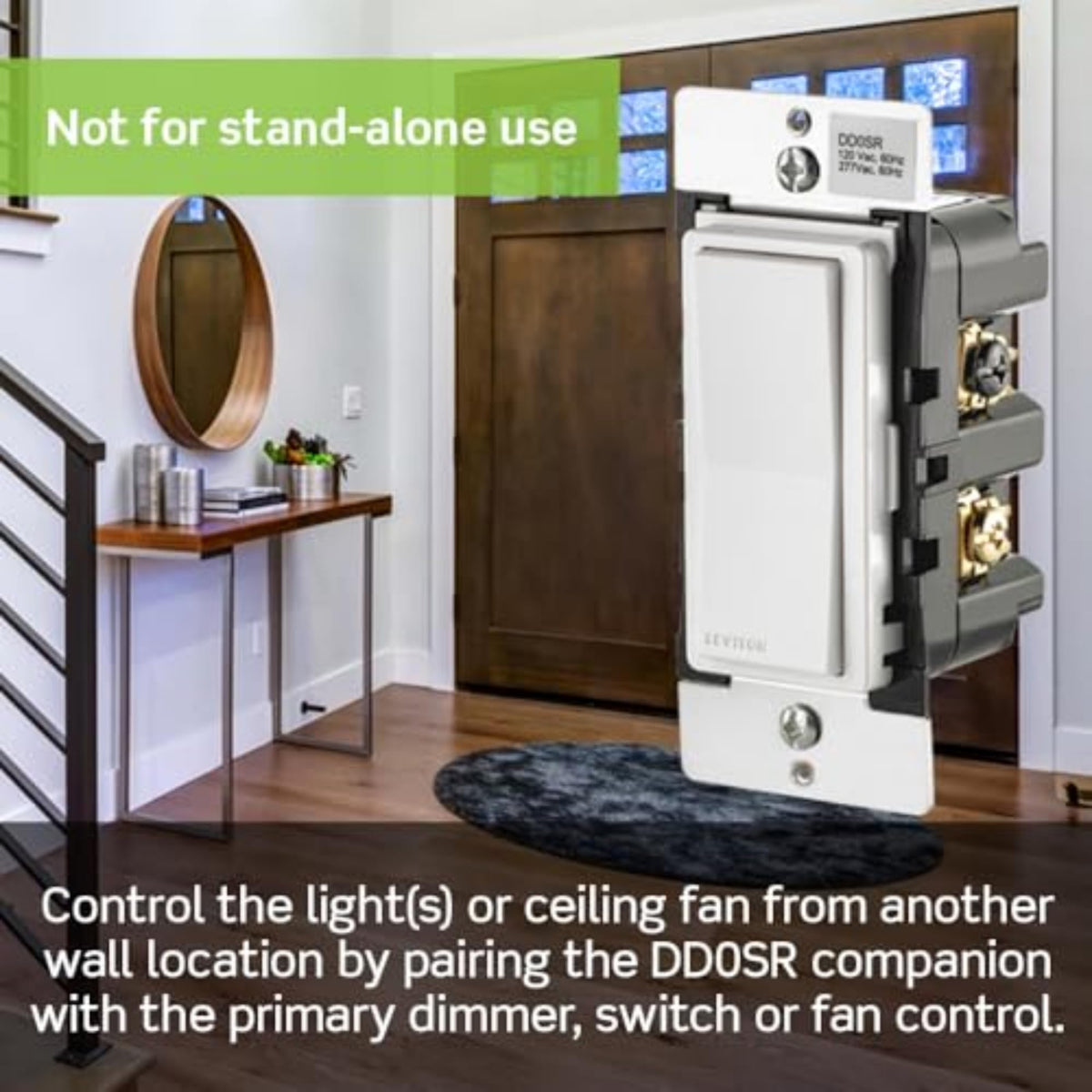 Leviton Decora Smart Switch Companion installed on staircase for convenient wall access.