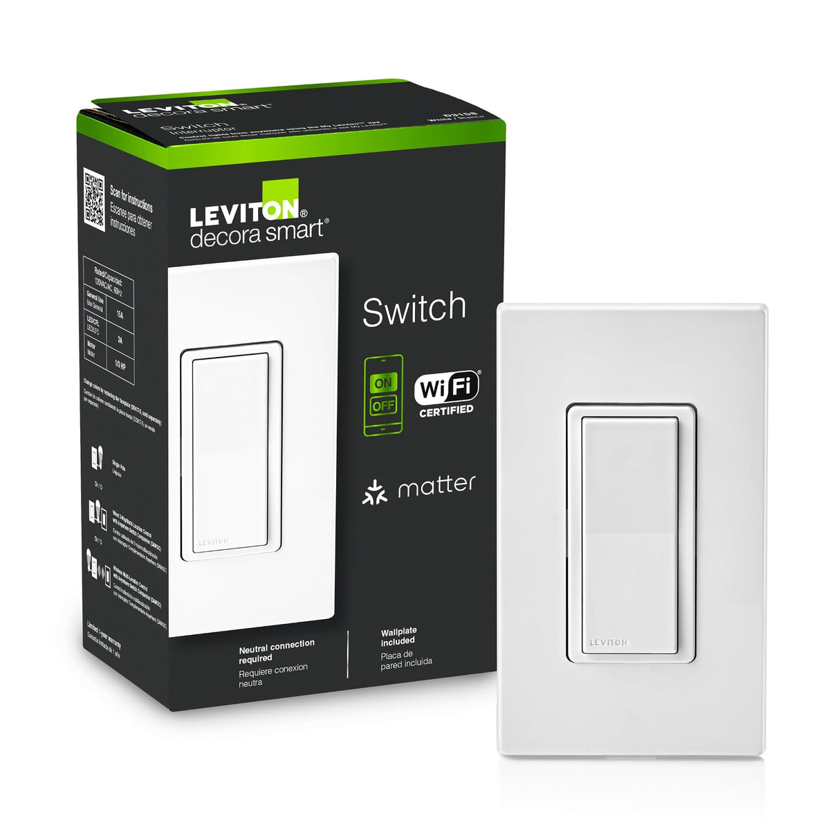 Leviton Decora Smart Switch D315S-1RW showcases locator light on the wall plate.