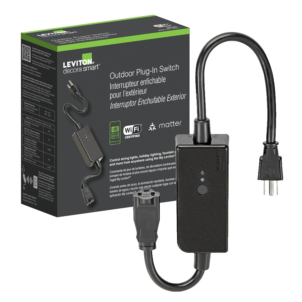 Leviton Decora Smart Outdoor Plug D215O-1RE installed outdoors for easy lighting control.