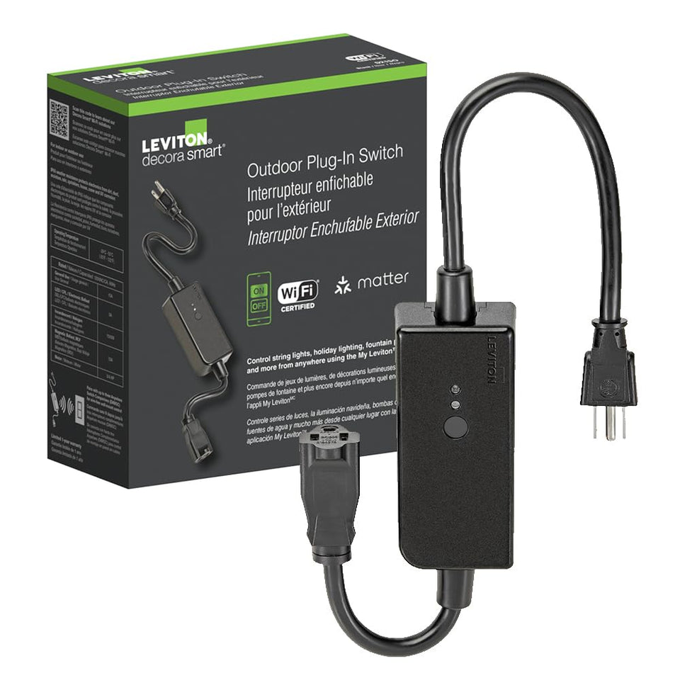 Leviton Decora Smart Outdoor Plug D215O-1RE installed outdoors for easy lighting control.