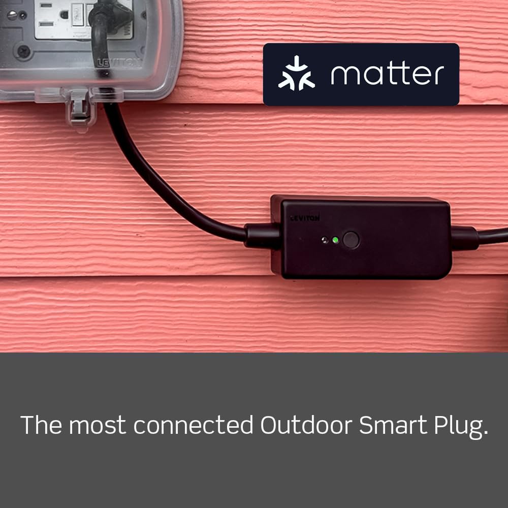 Leviton outdoor plug enabling remote control of string lights from anywhere.