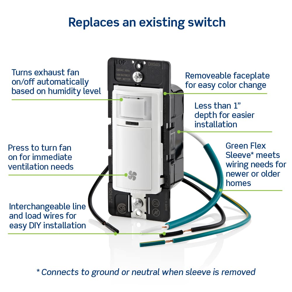 Leviton DHS05-1LT slim profile fits most residential wallboxes discreetly.